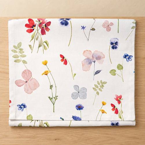 Runner lino e cotone ivory con fiori dipinti, motivo originale
