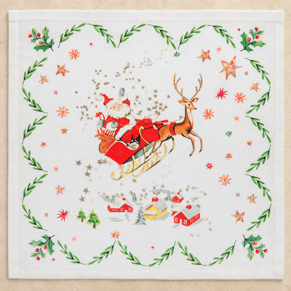 Tovagliolo in lino bianco con Babbo Natale e regali, dettaglio di un tovagliolo del set
