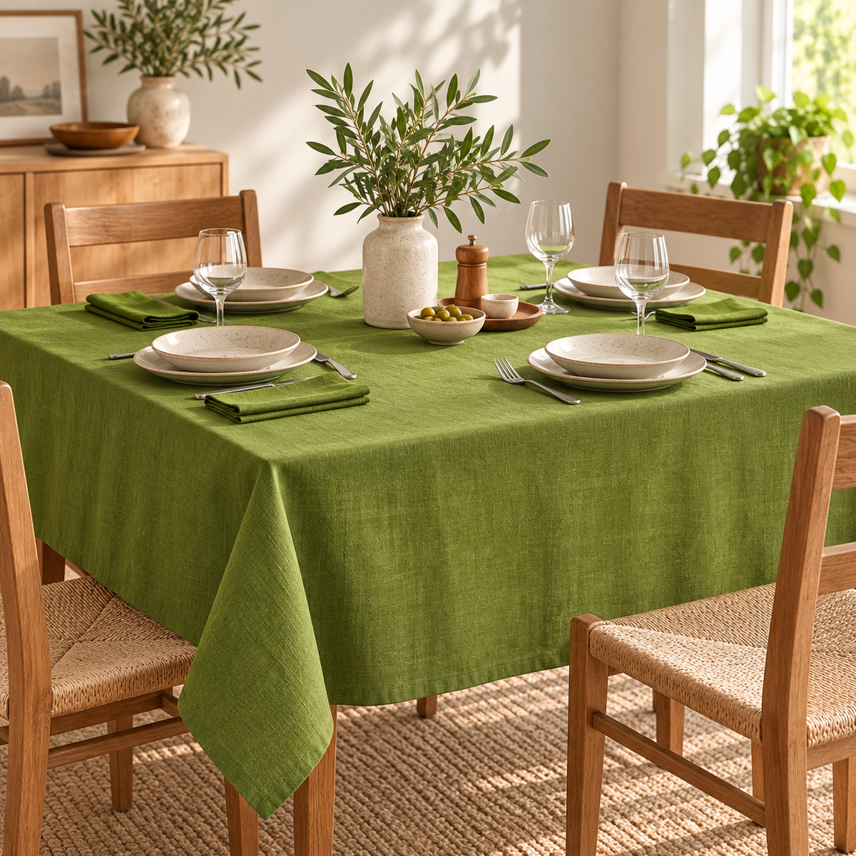 Tovaglia verde in lino su tavola apparecchiata