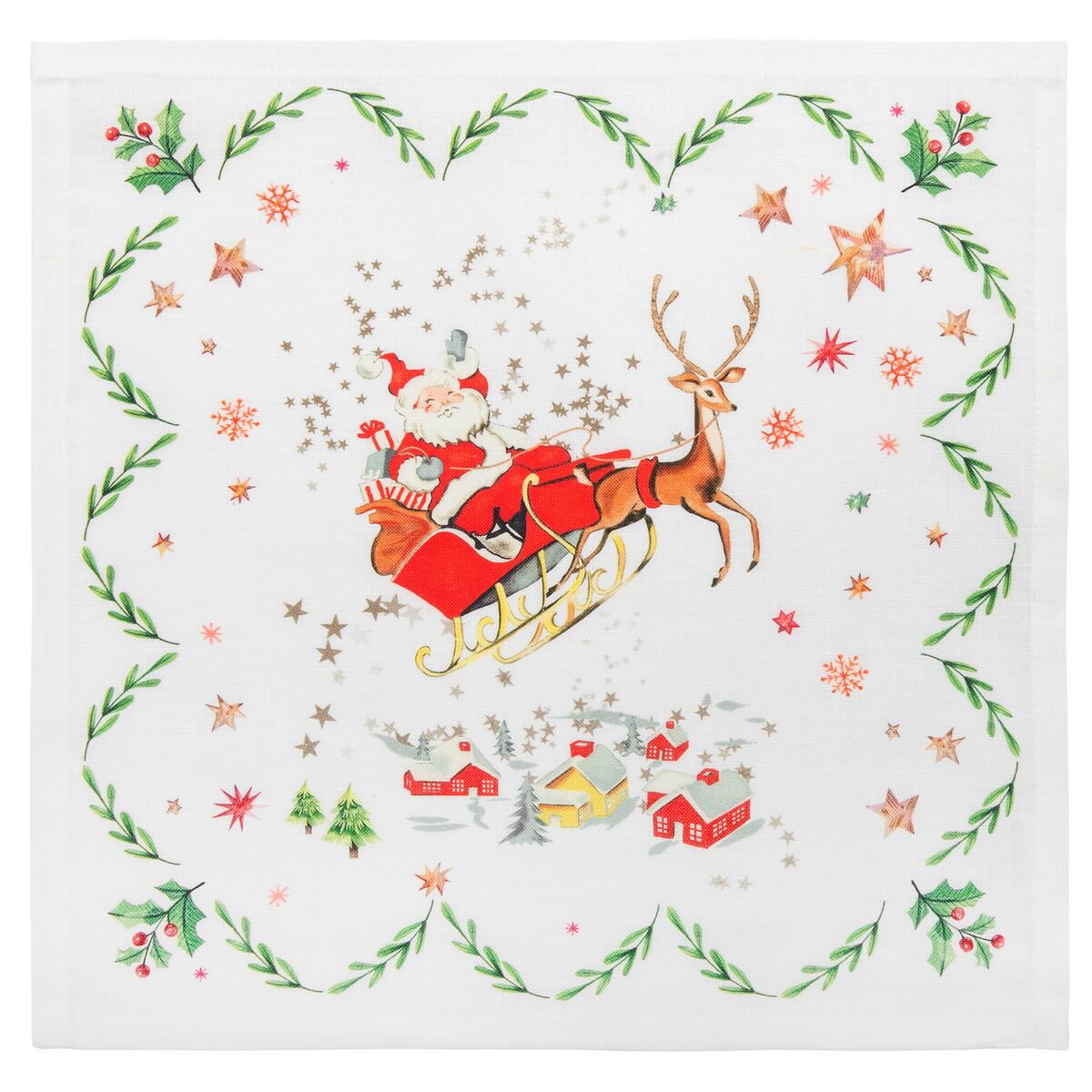Tovagliolo in lino bianco con Babbo Natale e regali 40 × 40 cm