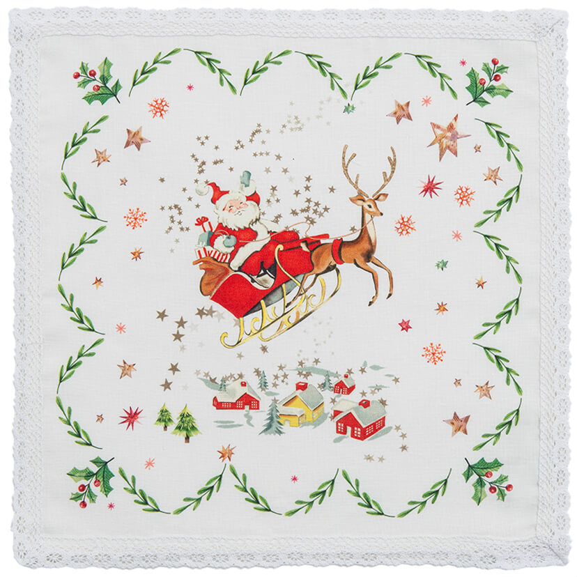 Tovagliolo in lino con pizzo, Babbo Natale e regali 40 × 40 cm