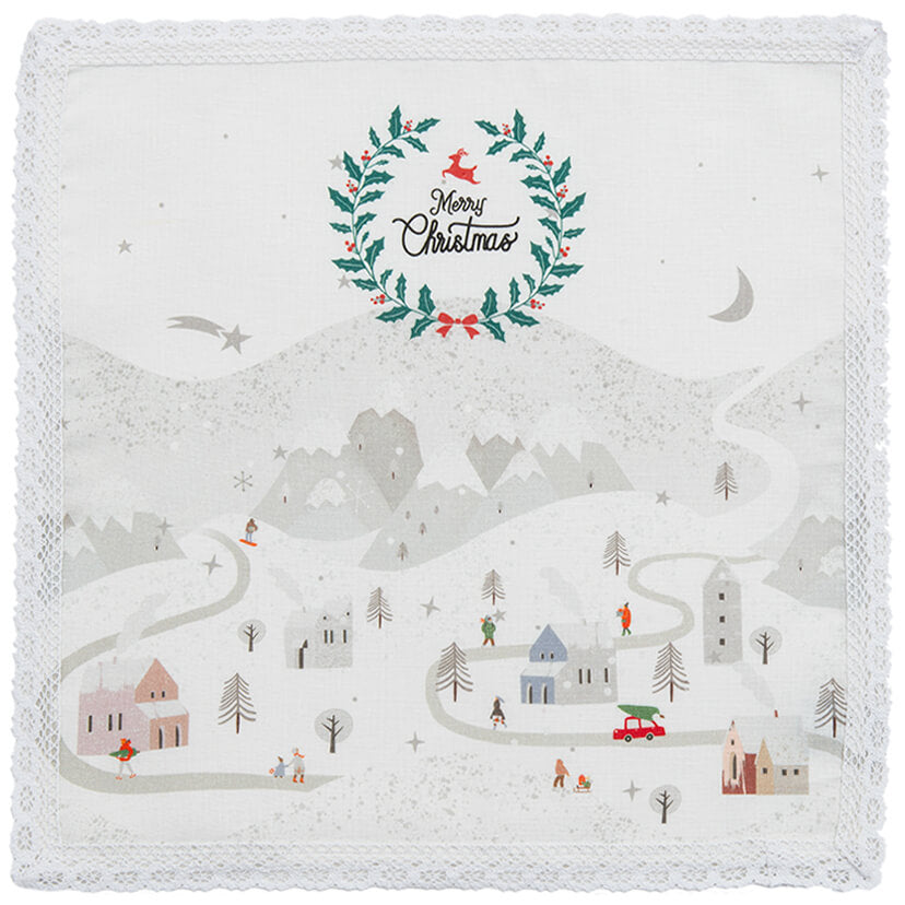 Set di tovaglioli in lino con pizzo e borgo invernale 40 × 40 cm