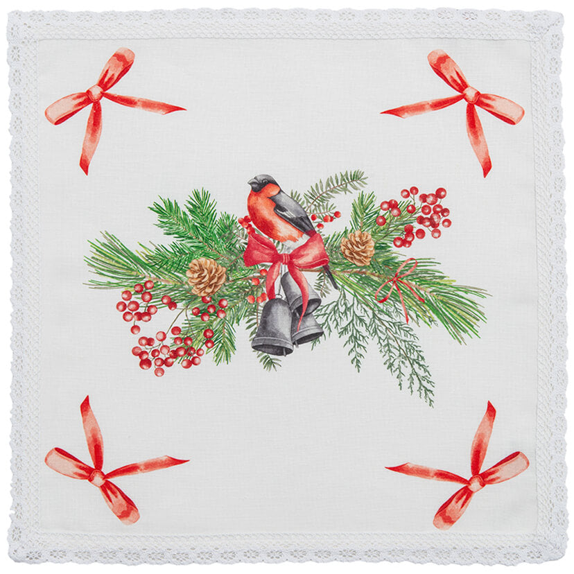 Tovagliolo in lino con pizzo e uccellini natalizi 40 × 40 cm